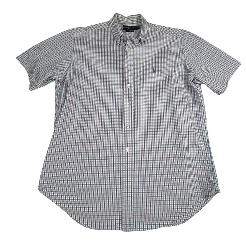 Ralph Lauren EUC Button Down Shirt Men's L Pink Blue Plaid Short Sleeve Cotton - Picture 2 of 9